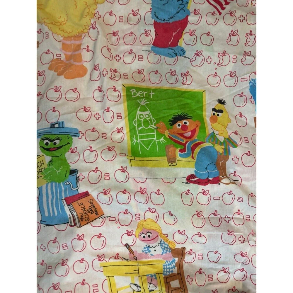VTG Sesame Street Twin Fitted Sheet School Marlborough Apples Big Birds Oscar